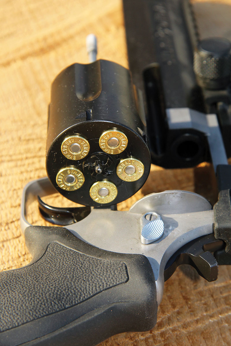 The Taurus Raging Hunter 460 S&W Magnum includes a five-shot cylinder instead of the classic six-shot, necessitated by the large cartridge and the need to surround it with extra steel.